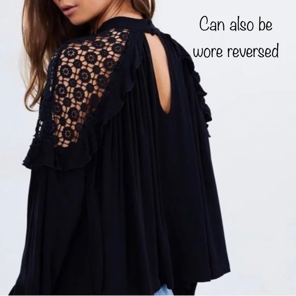 SOLD-Free People Ruffled Crochet Lace Black Draped Relaxed Long Sleeve Top - Picture 8 of 13